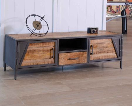 Meuble télé bois et métal gris style industriel "Vista" 150 cm