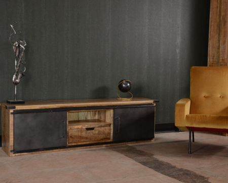 Meuble TV 180 cm à portes coulissantes métal et bois "Caractère"