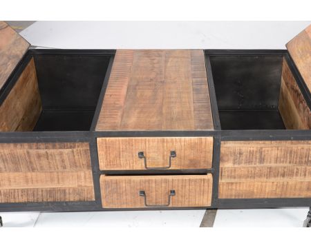 Table basse carrée métal et bois avec coffres "Atelier" sur roulettes