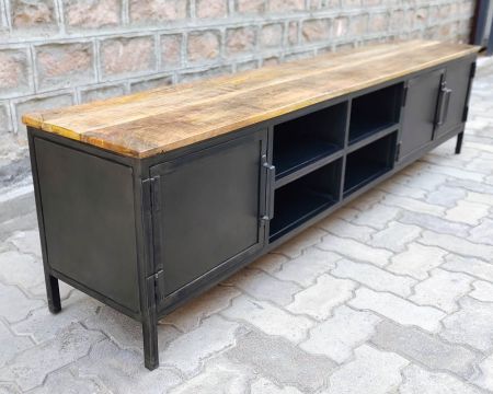 Meuble TV noir en métal et bois "Dowtoun" style atelier 220 cm