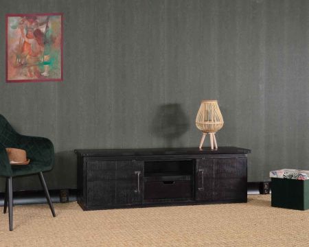 Meuble TV noir 160 cm porte coulissante métal et bois "Caractère" 