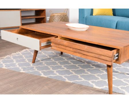 Table basse scandinave 2 tiroirs blancs et bois "Vintage Grey"