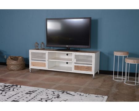 Meuble TV 160 cm métal et bois blanc "Atelier Blanc"