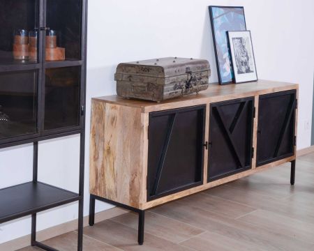 Buffet bas design en métal noir et bois naturel 3 portes "Pierre"