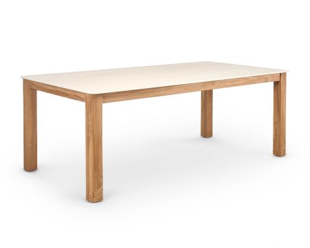 Table de repas esprit campagne chic "Arvik" en teck massif et céramique effet travertin 160 cm