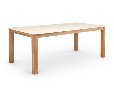 Table à manger 200 cm esprit campagne chic "Arvik" en teck massif et céramique effet travertin