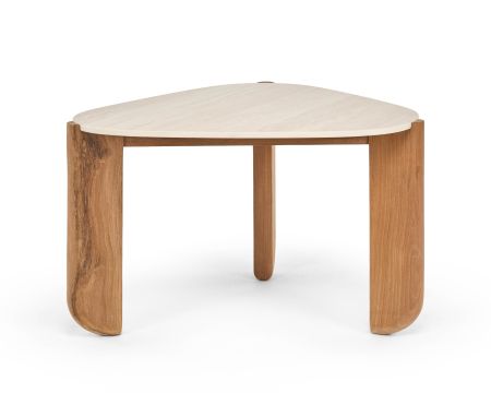 Table basse forme organique en teck massif et plateau céramique effet travertin "Osten"