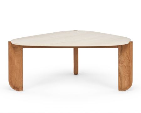 Grande table basse design organique intérieur / extérieur en teck massif et plateau céramique effet travertin "Osten"