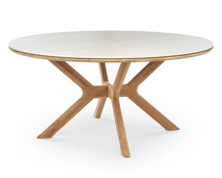 Table ronde intérieur ou extérieur 130 cm "Elsen" en teck massif plateau céramique effet travertin