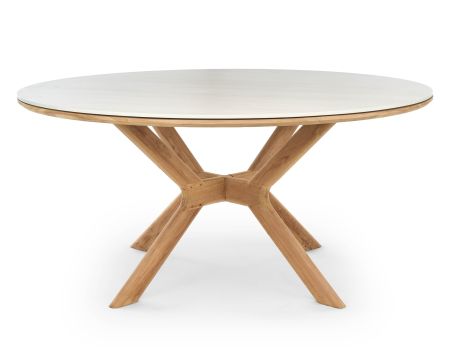 Table ronde intérieur ou extérieur 130 cm "Elsen" en teck massif plateau céramique effet travertin