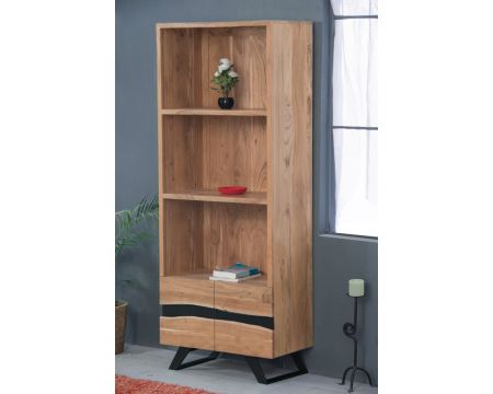 Bibliothèque contemporaine en métal noir et acacia "Zen Black"
