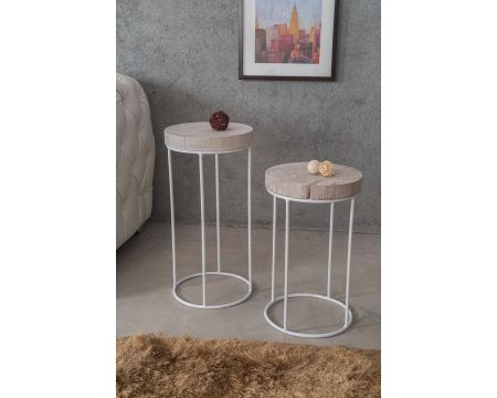 Lot de 2 tables d'appoint rondes blanchies en bois et métal