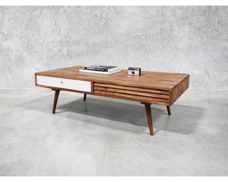 Table basse scandinave 2 tiroirs blancs et bois "Vintage Grey"