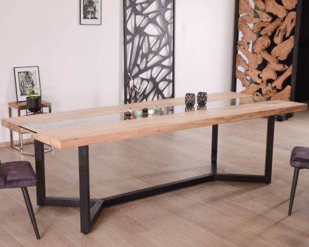 Table industrielle en bois massif, métal et verre 240 cm "Cassiopée"