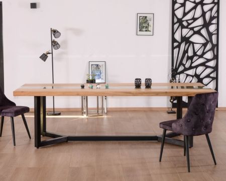 Grande table de repas moderne "Cassiopée" 260 cm verre, acacia et métal noir