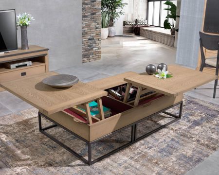 Table basse métal chêne massif "San Francisco" plateaux retour gauche