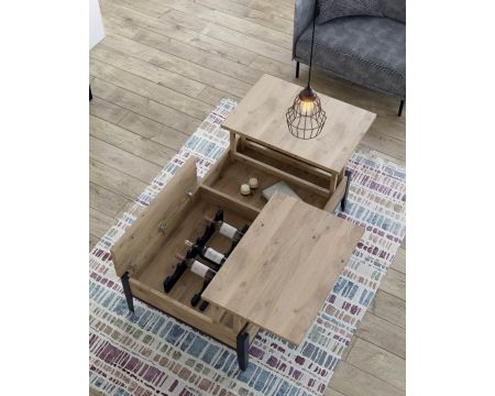 Table basse chêne métal avec plateaux élévateurs "Breeze" retour droit