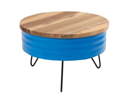 Table basse ronde industrielle en teck et métal bleu 