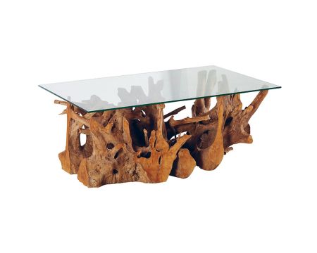 Table de salon rectangulaire racine en teck et plateau en verre "Roots"