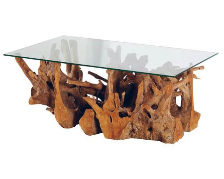 Table basse de jardin avec plateau en verre et pied en teck "Under the sun"