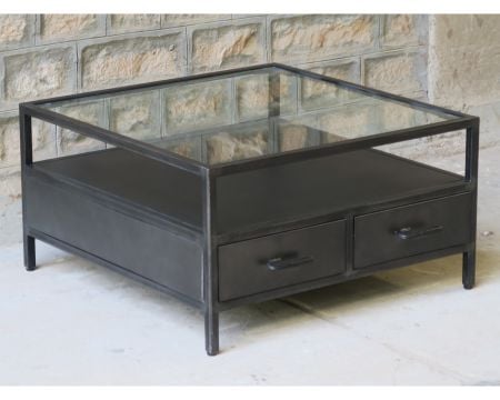 Table basse métal et verre carrée 85 cm "Black Cook"