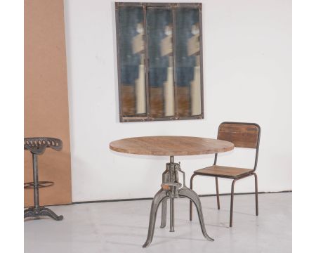 Table ronde transformable repas et bar avec manivelle de réglage de hauteur "Atelier Grey" style industriel