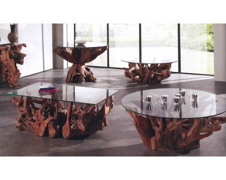 Table de salon rectangulaire racine en teck et plateau en verre "Roots"