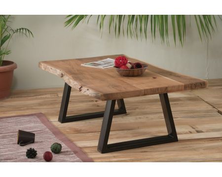 Table basse plateau bois brut et pieds trapèzes "Zen Black"