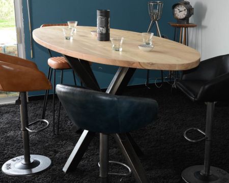 Table haute avec pieds en métal et plateau en bois exotique "3D"