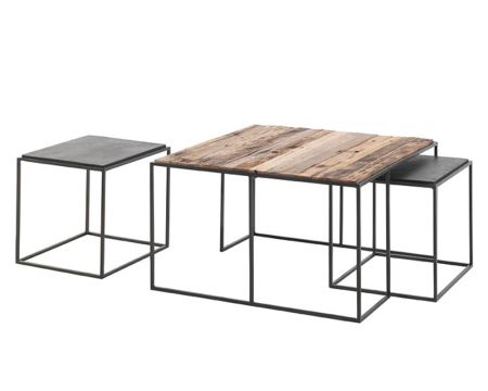 Table basse carré gigogne en métal et bois de bateau recyclé "Alma"