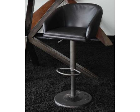 Tabouret de bar industriel en cuir noir réglable sur vérin "Rétro"