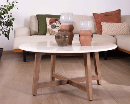 Table ronde marbre 90 cm avec pieds obliques en manguier massif "Lor"