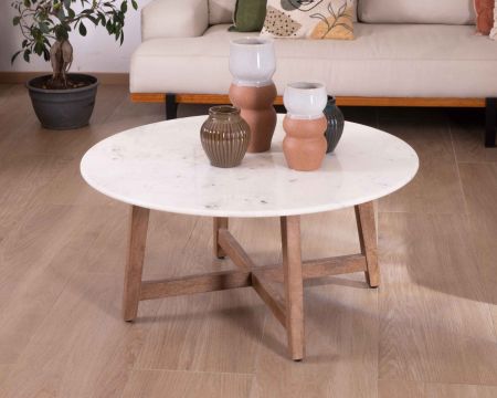 Table ronde marbre 90 cm avec pieds obliques en manguier massif "Lor"