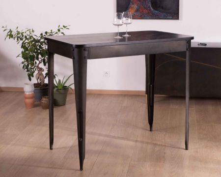 Table haute 150x80cm métal noir et bois massif "Snack Indus Black"