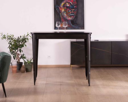 Table haute 150x80cm métal noir et bois massif "Snack Indus Black"