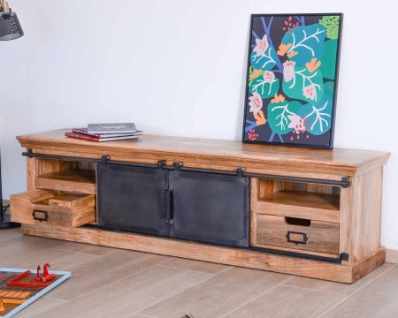Grand meuble TV bas 180cm bois naturel massif et métal gris "Haden"