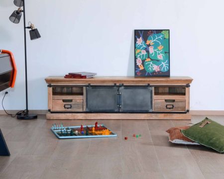 Grand meuble TV bas 180cm bois naturel massif et métal gris "Haden"
