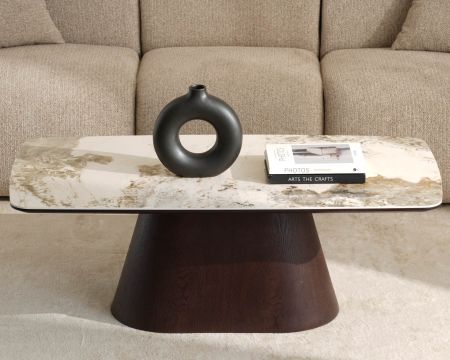 Table basse plateau céramique effet pierre naturelle "Oria" pied central aspect wengé