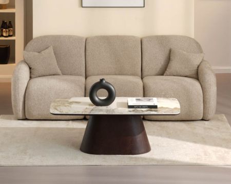 Table basse plateau céramique effet pierre naturelle "Oria" pied central aspect wengé
