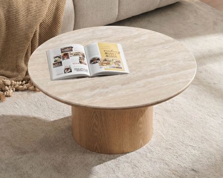 Table basse ronde plateau céramique effet travertin et pied central aspect chêne "Oria" 