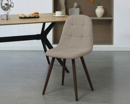 Lot de 4 chaises pivotantes rétro-contemporaines "Noma" en tissu grège chiné, pieds décor noyer