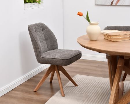 Chaise de repas esprit scandinave "Miloé" tissu chenillé gris et pieds bois 360°