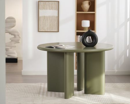 Table de repas ronde coloris vert sauge "Odyna"  120 cm piètement sculptural
