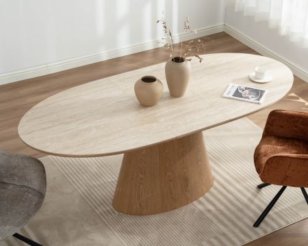 Table de repas extensible 160-200 cm plateau céramique effet travertin "Oria" piètement aspect chêne clair