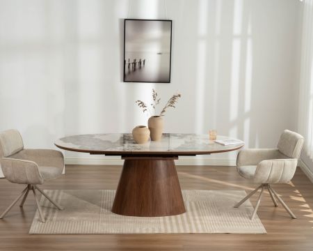 Table de repas extensible 160-200 cm plateau céramique effet pierre naturelle "Oria" piètement aspect noyer