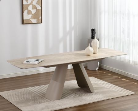 Table extensible 160 à 240 cm rétro chic « Amarello » en pierre frittée et métal champagne
