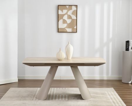 Table extensible 160 à 240 cm rétro chic « Amarello » en pierre frittée et métal champagne
