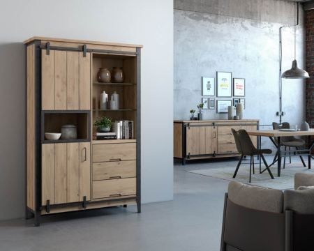 Meuble de rangement avec vitrine bois massif et métal foncé "Breeze"