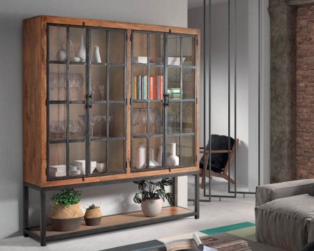 Grande vitrine style atelier 4 portes "Hamley" en bois massif et métal