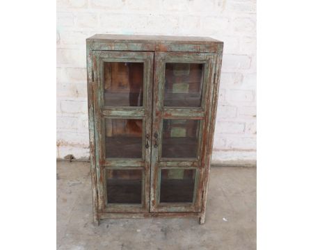 Vitrine indienne en bois exotique, verre et poignées métal "Batti"